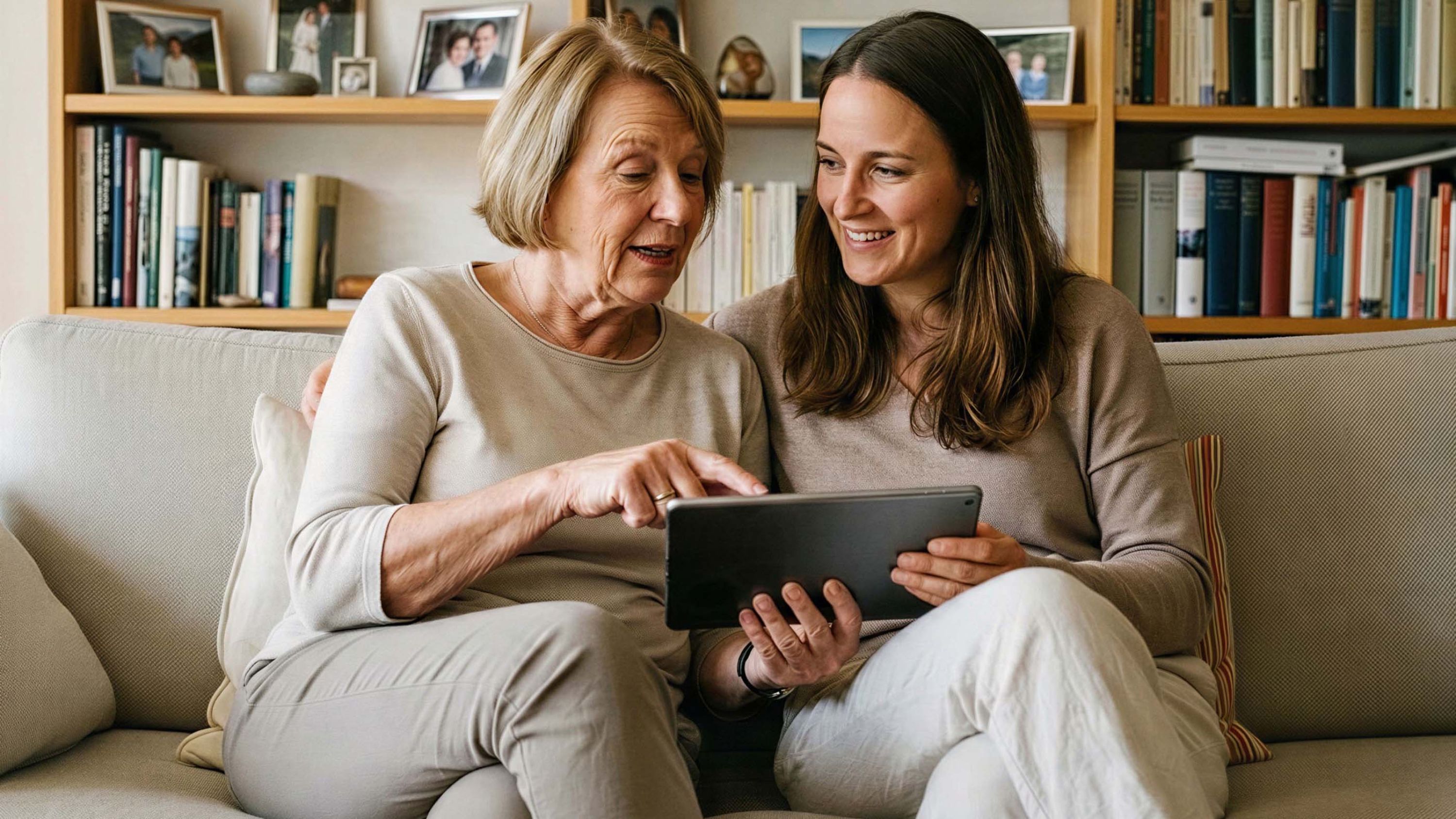 Eine Mutter zeigt ihrer Tochter etwas auf dem Tablet, während beide auf dem Sofa sitzen.